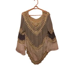 Umgee Crochet Fringe Top Sheer Lace Boho Pullover Beach Cover Up Cream Tan Large